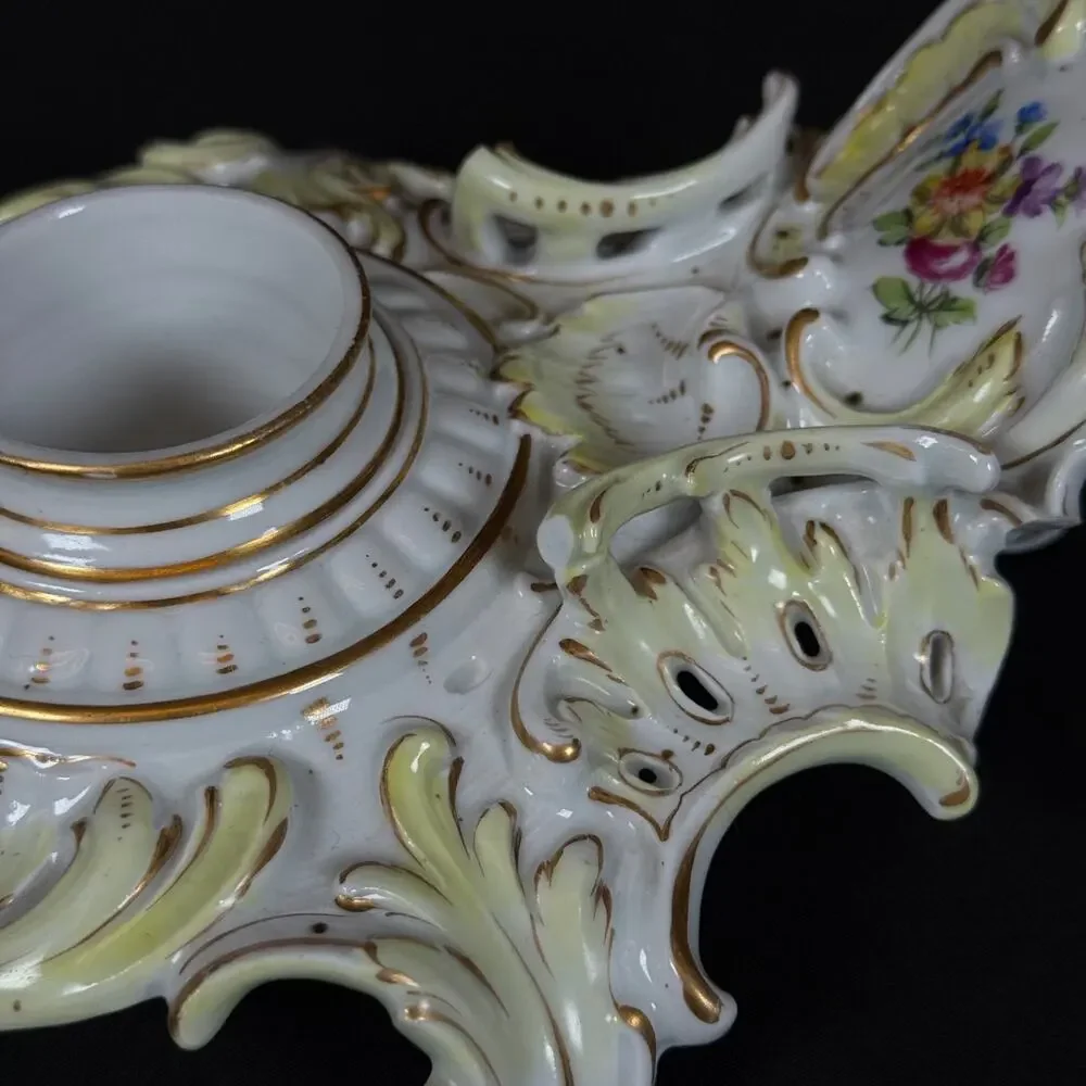 Antique Carl Thieme Dresden Porcelain candle stick candleholder floral gold gild